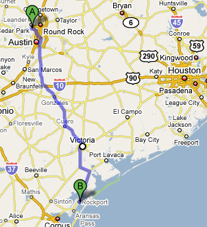 map of Austin to Rockport route